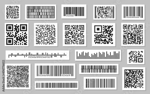Black barcodes. Barcode labeling, qr code for product. Sticker for scanning, personal identity labels about vaccination. Different codes exact vector set
