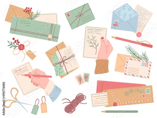 Different mail envelopes. Packing letters in envelope and waxing stamp. Hand writen postcards, isolated vintage cards and invitation, neat vector set