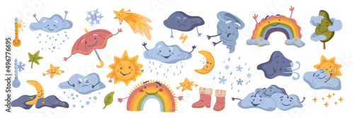Childish cute weather characters with smiling facial expressions. Vector in flat style, rainbows and rain, umbrella and cloud, sun and stars, mood and tornado. Heat and chilly temperatures