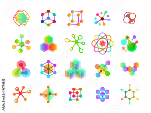 Connected molecules. Molecular cell, energy molecules colorful icons. Connect elements and structure of science biology or chemistry, tidy vector set
