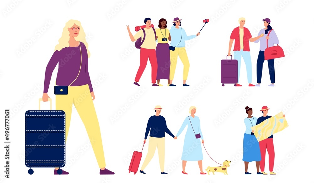 Tourist people. Girls with luggage travelling, women men tlavellers with backpack. Isolated flat cartoon friends hold bags, travel utter vector characters