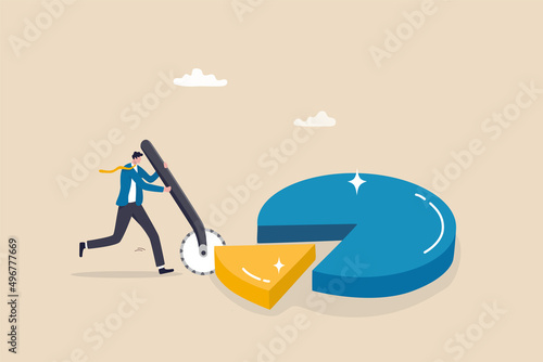 Market share revenue distribution or investment earning and profit pie chart, business competition percent diagram concept, businessman company owner cut out or split pie chart for his sharing part.