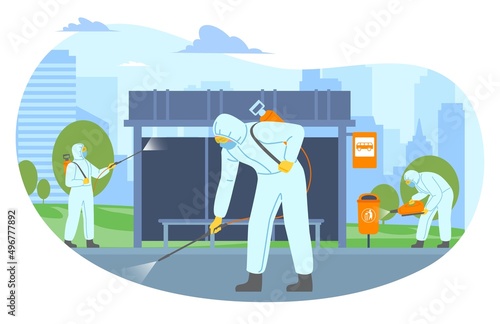 Antiviral disinfection. People in protection treat streets from viral and bacteria hazards. Pathogen cleaning service. Global quarantine. Disinfectors spray chemicals. Vector concept