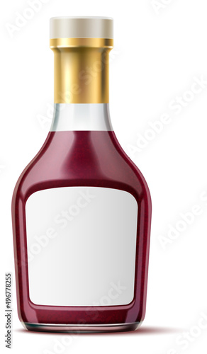 Bbq sauce. Realistic glass bottle with label mockup
