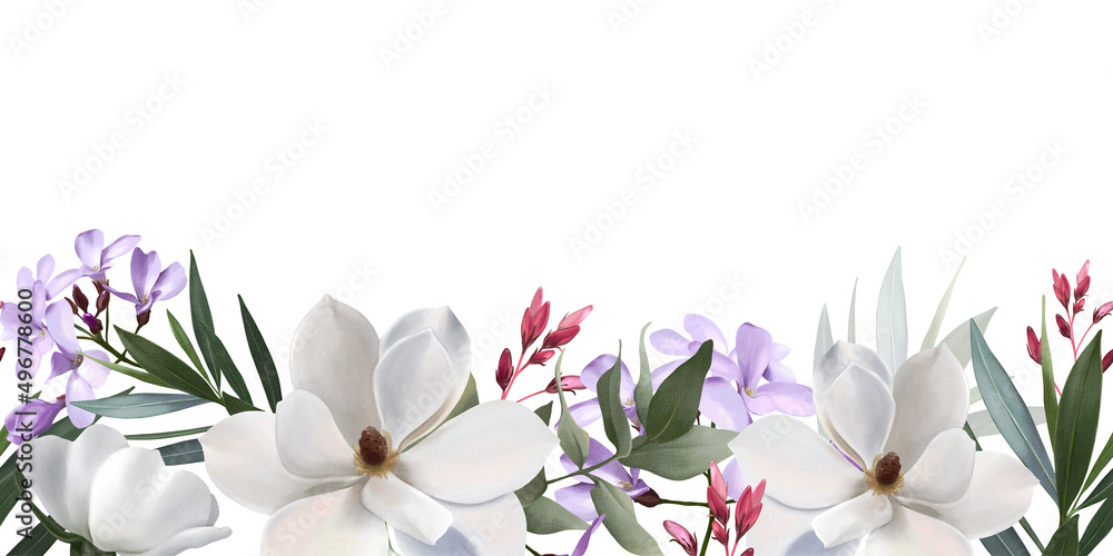 Floral seamless pattern on white background. White, purple, very peri tropical flowers with green leaves. Spring floral composition for design