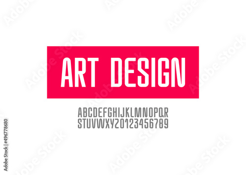 Condensed font, narrow art alphabet, modern letters and numbers