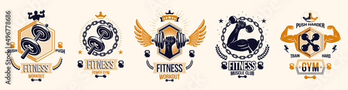 Gym fitness sport emblems and logos vector set isolated with barbells dumbbells kettlebells and muscle body man silhouettes and hands, athletics workout sport club, active lifestyle.