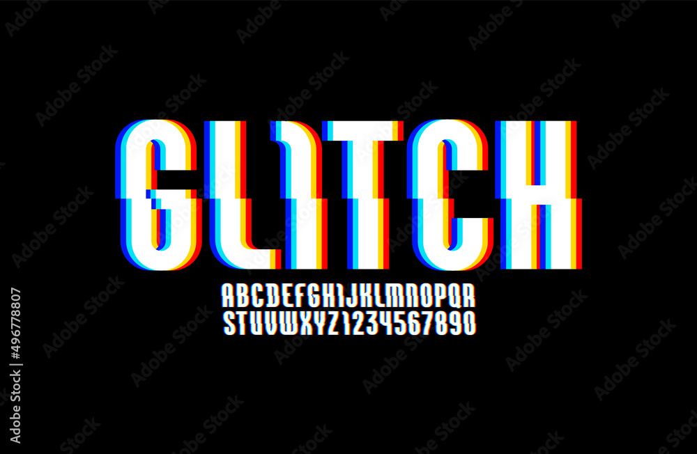 Fototapeta premium Alphabet of distorted glitch effect, shifted white font, letters and numbers with effect sliced.