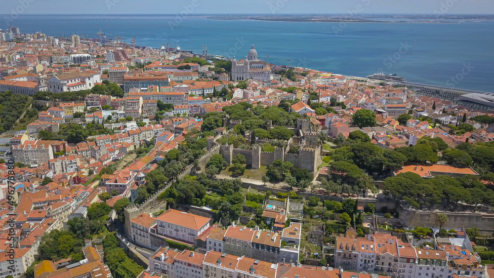 castle São Jorge with river Tejo and Cathedral behind in a sunny day