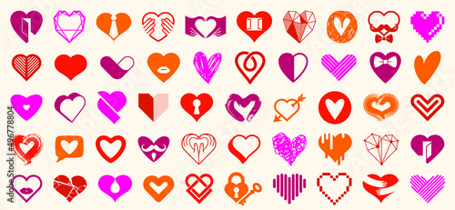 Hearts big vector set of different shapes and concepts logos or icons, love and care, health and cardiology, geometric and low poly, collection of heart shapes symbols.