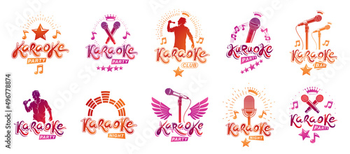 Karaoke party or club logos and emblems vector set isolated, singing music nightlife entertainment weekend theme, microphones and musical notes compositions.