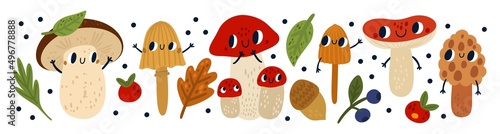 Cute mushrooms characters. Funny anthropomorphic fungi. Cartoon edible and poisonous forest organisms with faces and hands. Autumn leaves and berries. Vector woodland fungus mascots set