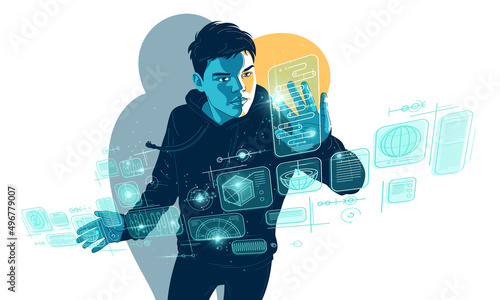Teenager boy controls HUD virtual interface vector illustration, futuristic concept school student studying, future teen technology theme.