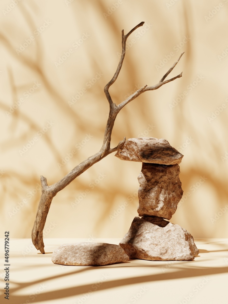 Fototapeta premium 3d stone display podiums along with dried tree branches and shadow on beige floor and wall. 3d rendering of realistic presentation for product advertising. 3d minimal illustration.