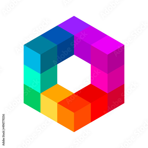 Colorful 3D cube made of small cubes. Rainbow cubical shape. Place for text in the middle. Polygonal geometric shape object. Abstract logo design element. Vector illustration, isometric, clip art. 