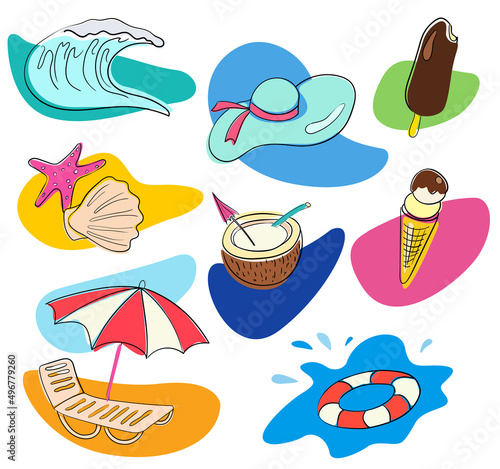 Summer label elements of a beach holiday. Set of vector icons on the theme of vacation and travel: ice cream, starfish and shell, coconut, sun hat, umbrella and deck chair, wave, lifebuoy.