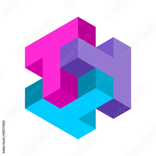 3D logo with three letters T. TTT acronym logo template. Colorful cube forming alphabet symbol T. Abstract logotype with 3 capital T design elements. Corporate identity. Vector illustration, clip art