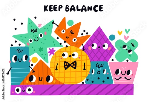 Geometric figures faces. Funny balancing shapes group. Cartoon basic characters. Colorful objects with happy smiles. Abstract forms composition. Doodle polygons and circles. Vector concept