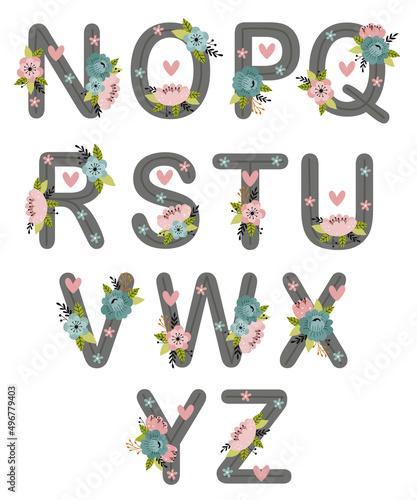 set of isolated   flower letters part2. Flower alphabet from N to Z