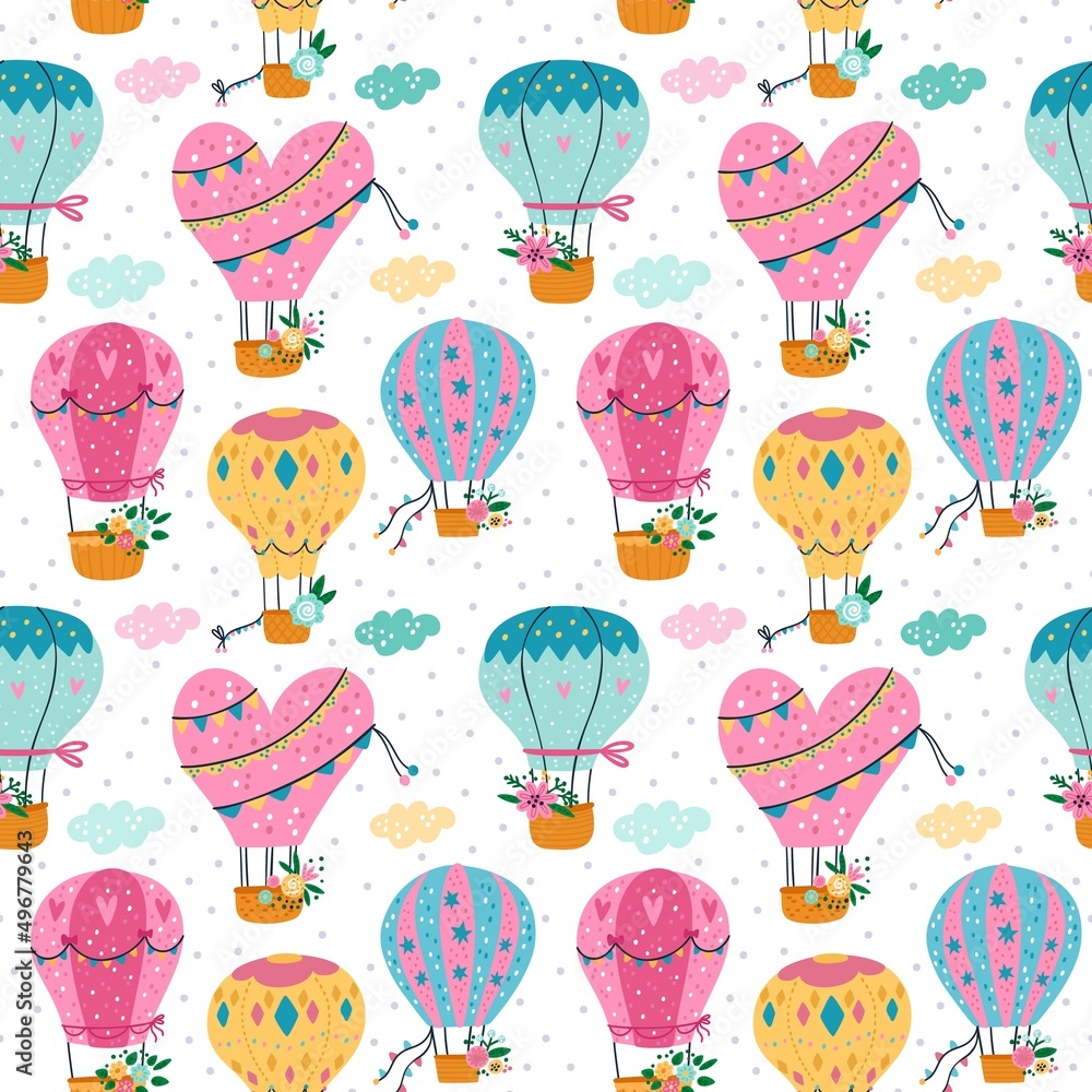 Hot air balloons seamless pattern. Cute sky flying vehicles. Different shapes baskets with garlands or flowers. Aerial transport. Airship and clouds. Ballooning voyage. Vector background