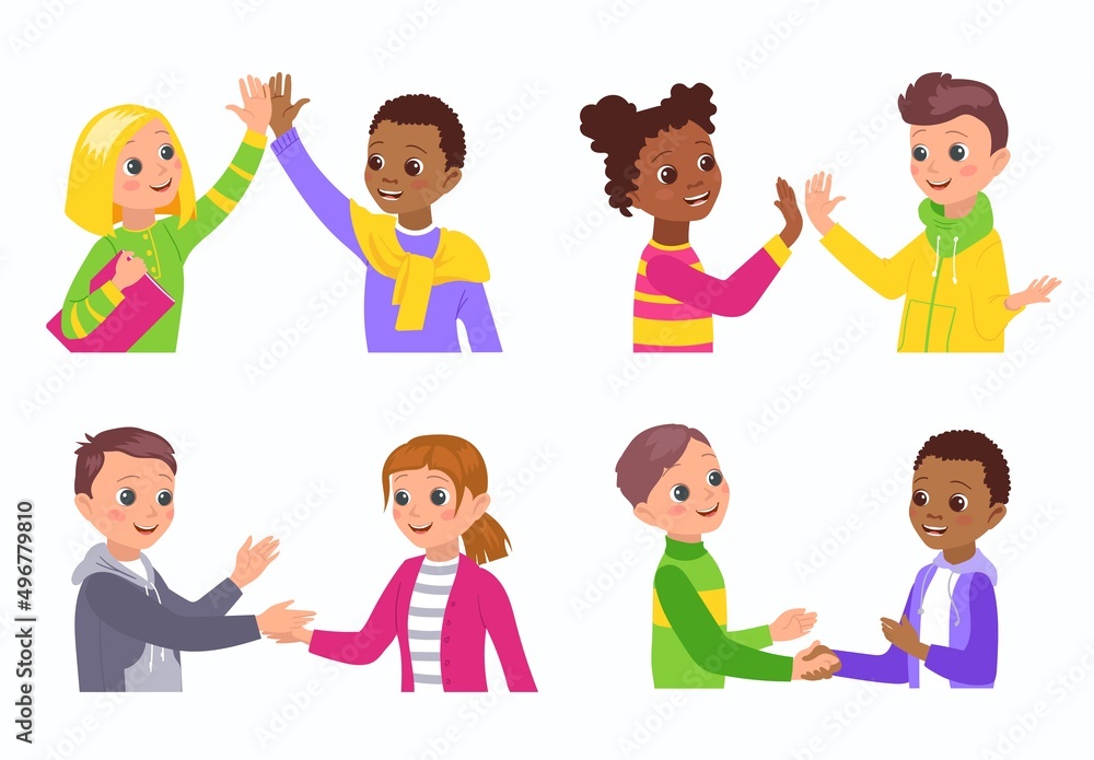 Kids greeting gesture. Girls and boys welcoming each other. Acquaintance and friendly relations. Giving five. Shaking hands. Saluting smiling friends. Vector gesturing children set Kids greeting gesture. Girls and boys welcoming each other. Acquaintance and friendly relations. Giving five. Shaking hands. Saluting smiling friends. Vector gesturing children set
