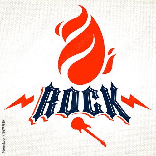 Flames lightning bolt and typing Rock vector emblem or logo, Rock and Roll, Hard Rock, Punk and Heavy Metal music styles label, music festival concert or club ad.