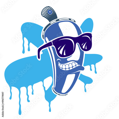 Graffiti paint spray can cartoon character, vector illustration, urban teen culture theme.