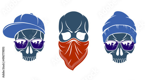 Urban stylish skull vector logos or icons set, aggressive criminal scull tattoo, gangster style.