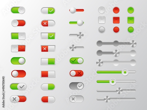On and off switch buttons. UI design realistic menu elements. Web sliders with red and green marking. 3D dashboard power switchers. App interface turn icons. Vector panel toggles set