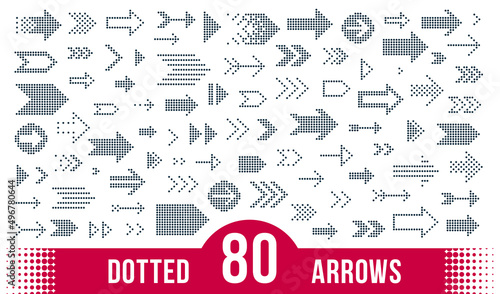 Dotted arrows big vector set of icons or logos, collection of direction cursors made with dots, perforated symbols, different shapes arrows for graphic design usage.