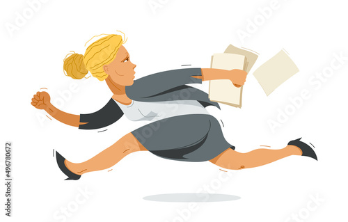 Business woman run and hurry late vector illustration, funny comic cute cartoon accountant or businesswoman worker or employee in a rush.