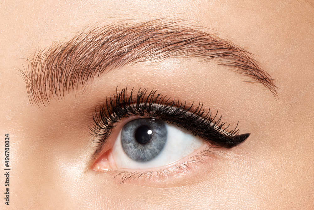 Obraz premium Female blue eye with trendy perfect fashion makeup, eyeliner on eyelid, ideal shaped eyebrow, mascara on eyelashes. Close-up caucasian woman with make up on eyes, skincare cosmetics advertisement.