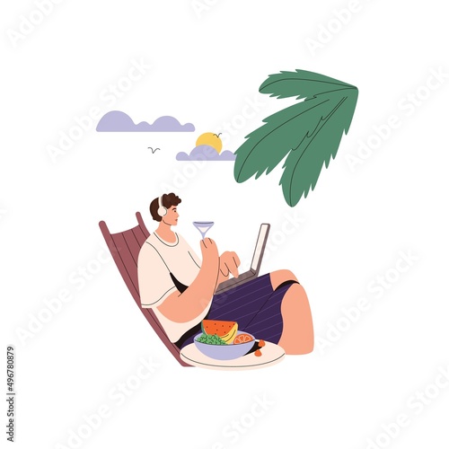 Man working online at laptop computer on beach in summer. Freelance worker during remote work via internet, sitting in deck chair with cocktail. Flat vector illustration isolated on white background