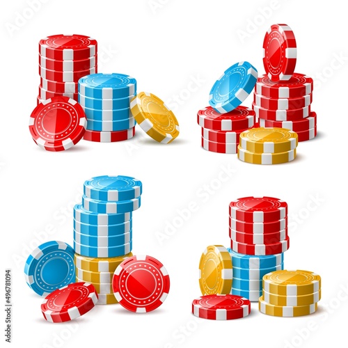 Realistic casino chips stacks. Gambling tokens. 3D gaming coins. Betting piles. Plastic roulette and poker playing elements. Fortune game. Risky entertainment. Vector gamble objects set