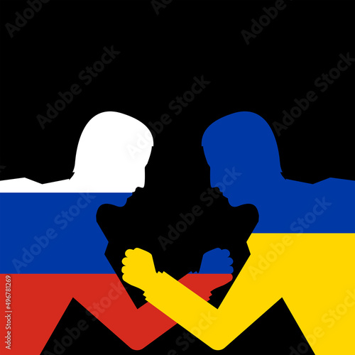 Russia vs Ukraine. Silhouettes of two people in the form of flags of the country. Stand against each other. Conflicts and war war. Vector illustration flat design. Isolated on white background.