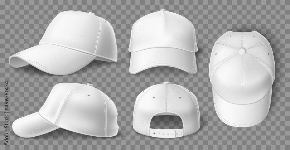 © VectorBum - Realistic white baseball cap mockup. 3D sports headgear with sun protection visor. Blank clothing element. Different view angles. Empty headdress template. Vector basic unisex hats set © VectorBum - Realistic white baseball cap mockup. 3D sports headgear with sun protection visor. Blank clothing element. Different view angles. Empty headdress template. Vector basic unisex hats set