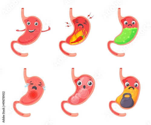 Gastric bloating. Cartoon stomach problem, esophageal abdomen ache ulcer indigestion diarrhea heartburn medical concept child tummy, healthy belly symbol neat vector illustration