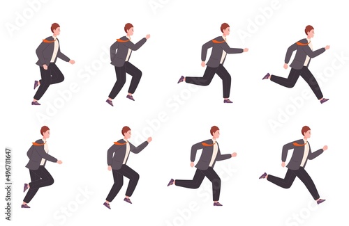 Running businessman animation. Run business character sprite sheet loop sequence, 2d runner in suit side view cycle movement of office manager