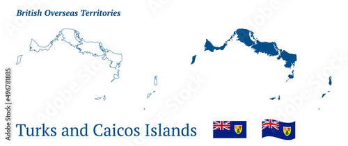 Turks and Caicos Islands map. British overseas territory in the Atlantic Ocean. Detailed blue outline and silhouette. Country flag. Set of vector maps. All isolated on white background.