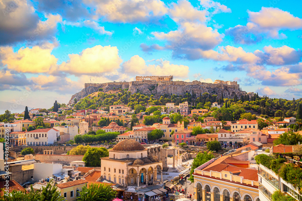Fototapeta premium Skyline of Athens with Monastiraki square and Acropolis hill during sunset. Athens, Greece.