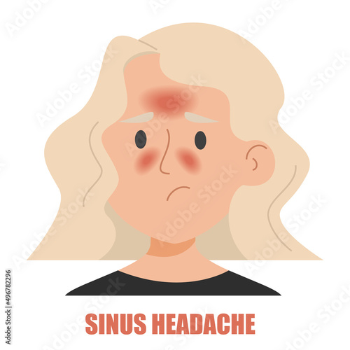 Sinus headache vector isolated. Illustration of a woman suffering from the headache caused by sinusitis or allergy. Nasal infection. Sad face.