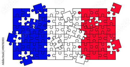 jigsaw puzzle pieces with Flag France. Puzzle pieces icon or pictogram. national country symbol. Cartoon vector French logo. Platte puzzels. Mosic sign. For travel, vacation or holliday.