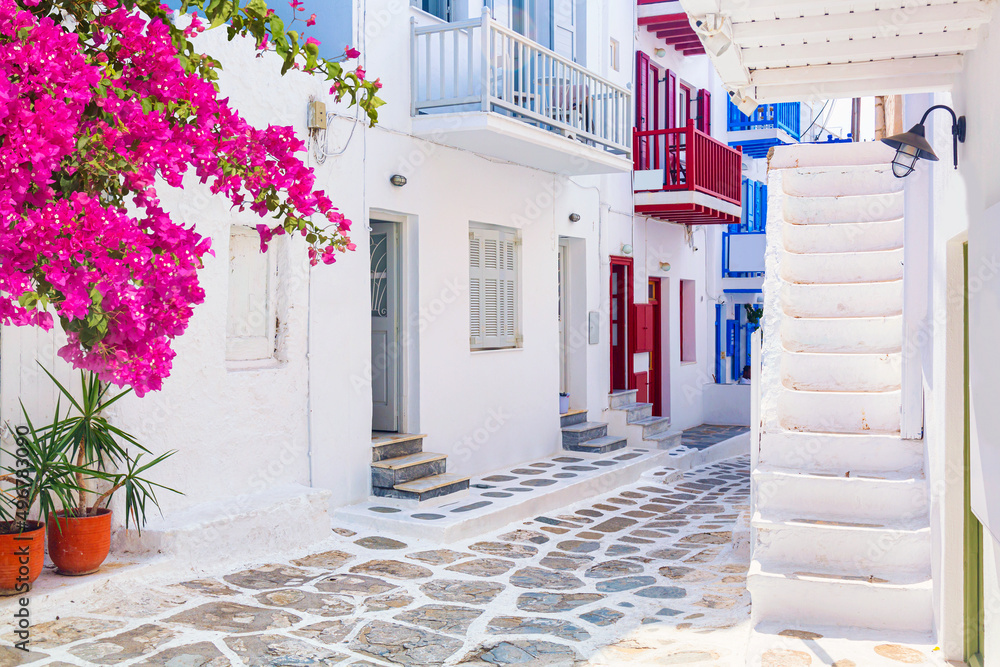 Mykonos old town cozy narrow street with blue staircases, white houses and bougainvillea flower. Mykonos island, Greece