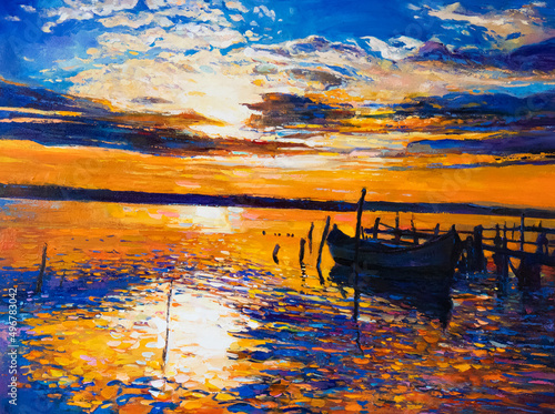 Oil painting. Sunset painting. Modern art.