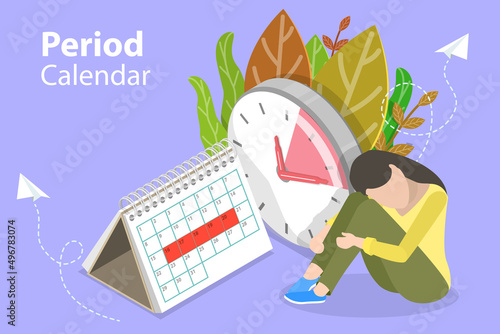 3D Isometric Flat Vector Conceptual Illustration of Period Calendar , Tracking Menstrual Cycle and Ovulation