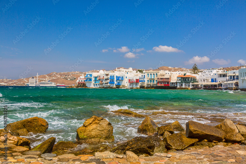View of the famous Little Venice houses of Mykonos island, Greece