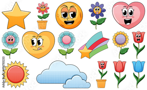 Set of facial expression with vintage style food cartoon on white background