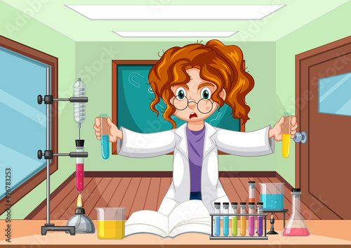 Classroom scene with scientist doing experiment