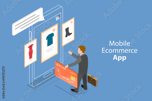 3D Isometric Flat Vector Conceptual Illustration of Mobile Ecommerce App, Online Shopping
