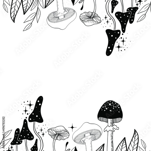 Set of colorful and black and white illustrations with magic mushrooms and moon for esoteric theme designs